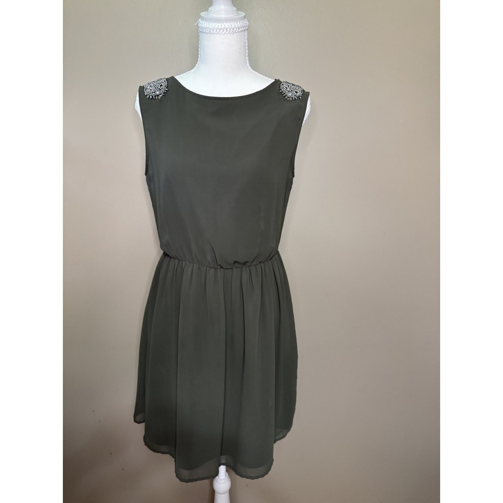 Zara Trafaluc Khaki Green Rhinestone Shoulder Cocktail Dress Medium